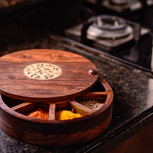 Image 4 of 9 Fixed Compartment (Flora) for the product ExclusiveLane Sheesham Wooden Spice Box for Kitchen
