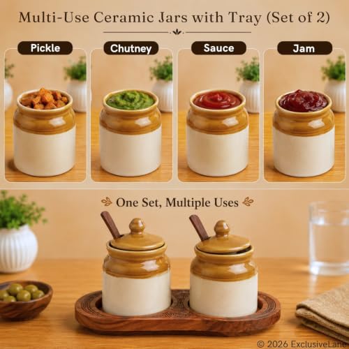 Image 3 of ExclusiveLane Old-Fashioned Ceramic Pickle Jars with Spoons & Tray 230 ml