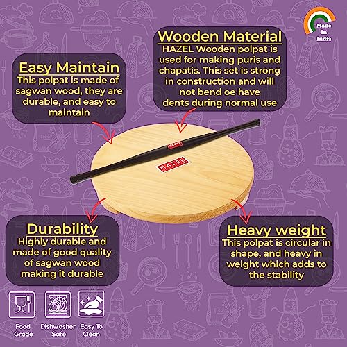 Image 4 of HAZEL Wood Polpat Chakla Roti Chapati Maker 21 cm with Sheesham Roti Roller Belan Rolling Pin 42 cm