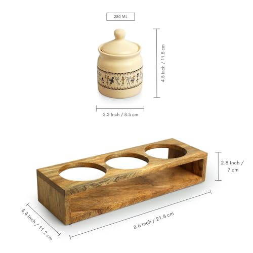 Image 6 of ExclusiveLane Art Of Warli Ceramic Pickle Jars With Wooden Holder Set of 3, 280 ml