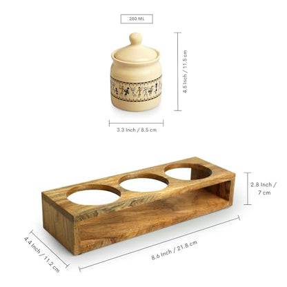 Image 6 of ExclusiveLane Art Of Warli Ceramic Pickle Jars With Wooden Holder Set of 3, 280 ml