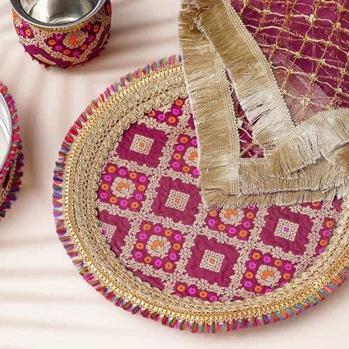 Image 3 of eCraftIndia Brown and Golden Decorative Handcrafted Stainless Steel Karwa Chauth Pooja Thali Set with Plate, Chalni, Lota & Chunri
