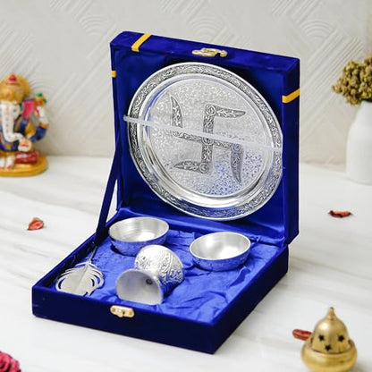 Image 1 of Default Title for the product Webelkart Silver Plated Swastik Pooja Thali Set (Silver)