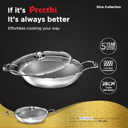 Image 3 of Preethi Diva Collection Triply Stainless Steel Kadai with API Technology, 28 cm, Gas & Induction Compatible,with Glass Lid & Metal Spatula Friendly