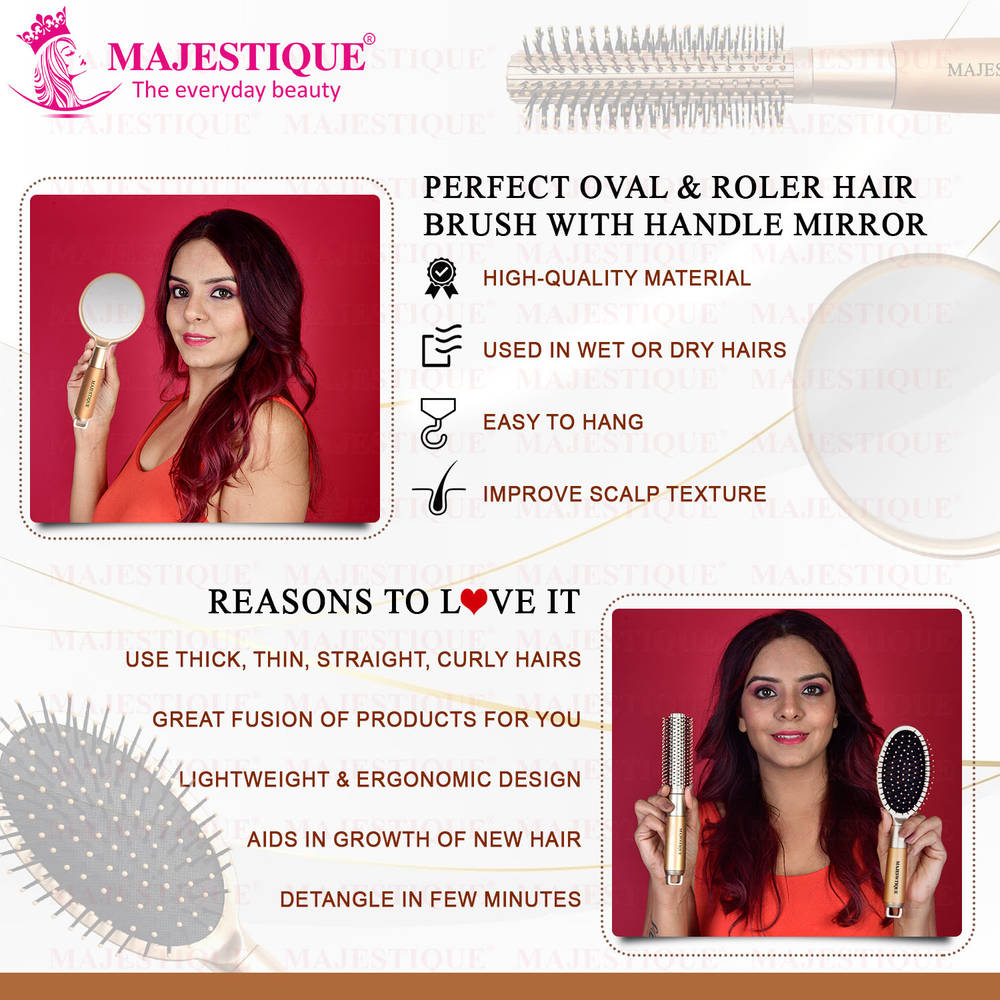Image 3 of Majestique Golden Set Of Round And Oval Cushion Hair Brushes With Mirror