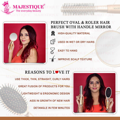 Image 3 of Majestique Golden Set Of Round And Oval Cushion Hair Brushes With Mirror