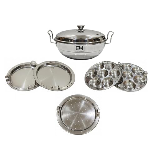 Image 1 of Default Title for the product EVERMONT Stainless Steel Idli maker Induction Bas Idli Cooker/Momo Maker/Multi Kadai/Steamer Set|Large Plates 2 Idli|2 Dhokla|1 Steamer|28cm - 4 Ltr, 3.0Kg | 3-Layer Thick Bottom | Gas & Induction Friendly