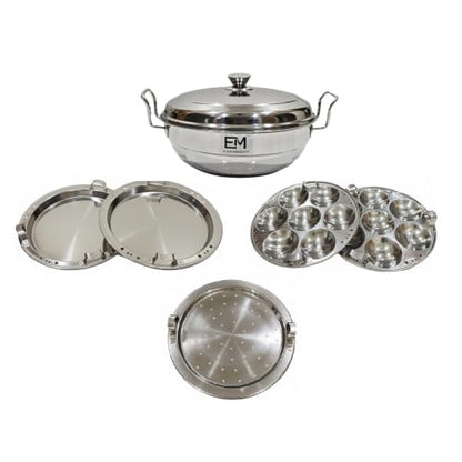 Image 1 of Default Title for the product EVERMONT Stainless Steel Idli maker Induction Bas Idli Cooker/Momo Maker/Multi Kadai/Steamer Set|Large Plates 2 Idli|2 Dhokla|1 Steamer|28cm - 4 Ltr, 3.0Kg | 3-Layer Thick Bottom | Gas & Induction Friendly