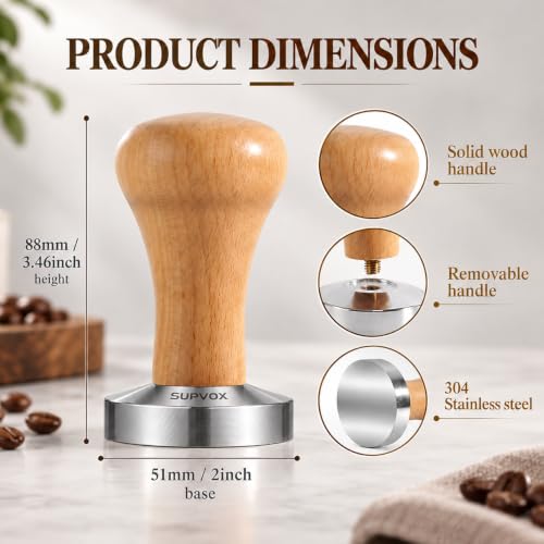 Image 2 of Supvox Coffee Tamper 51mm Stainless Steel Solid Wooden Handle for Espresso