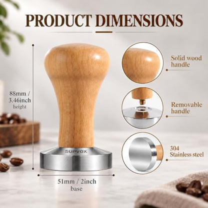 Image 2 of Supvox Coffee Tamper 51mm Stainless Steel Solid Wooden Handle for Espresso