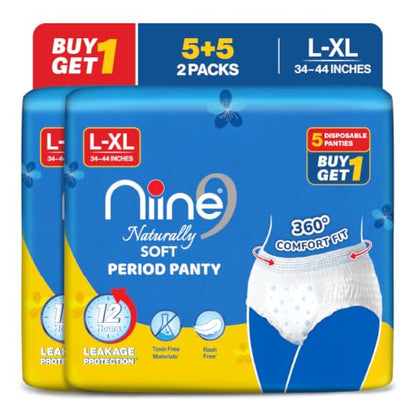 Image 2 of L-XL (34-44 inches) / Pack of 1 for the product Niine Naturally Soft Disposable Period Panty with 360° Leak Protection | Up to 12 Hours Absorbency | Cottony Soft, Breathable & Rash-Free Comfort M (27-35 inches)