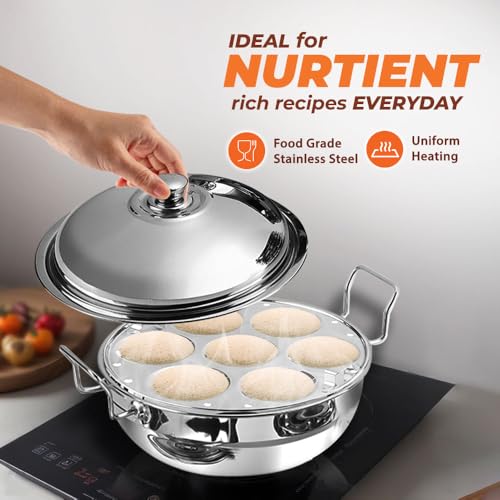 Image 3 of Kraft Stainless Steel Multi Kadai/Idli Maker | 5 L, 28 cm, 6 Plates | 2 Idli, 2 Dhokla, 1 Patra & Mini Idli | Induction & Gas Compatible Momo/Modak Pot | 6 in 1 Multipurpose steamer for cooking