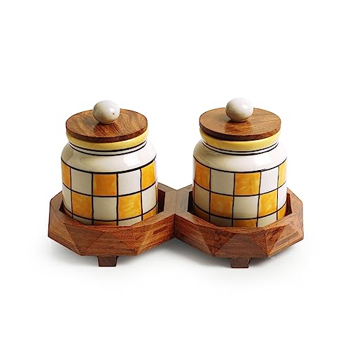 Image 2 of ExclusiveLane Shatranj Checkered Ceramic Containers with Lid & Tray Set of 2 440 ML