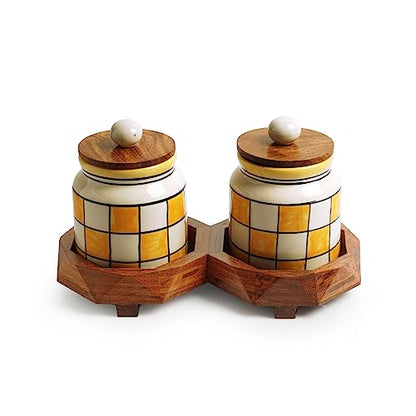 Image 2 of ExclusiveLane Shatranj Checkered Ceramic Containers with Lid & Tray Set of 2 440 ML