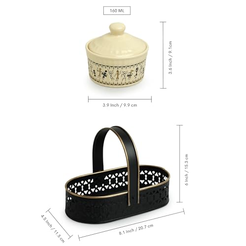 Image 6 of ExclusiveLane Warli Village Tales Ceramic Pickle Jars Set of 2 with Iron Holder 160 ml
