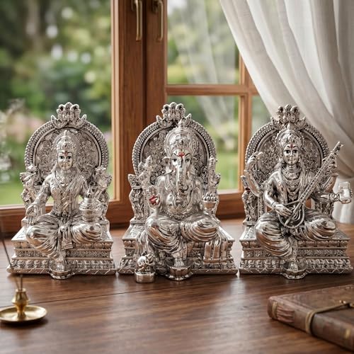 Image 6 of Dev Aastha 999 Silver Plated Lakshmi Ganesh Saraswati Idol for Diwali Decor 3.7 Inch