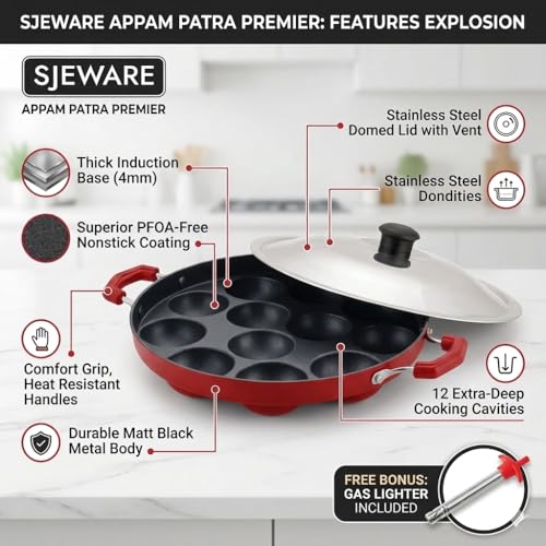 Image 5 of SJE WARE Non-Stick Aluminium Appam Patra 12 Cavity with Lighter, Red