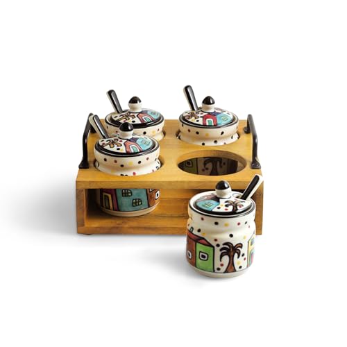Image 3 of ExclusiveLane 'The Hut' Ceramic Pickle Jars for Dining Table With Spoon & Wooden Holder (Set Of 4, Non-Airtight, 280 ml) | Pickle Jar With Spoon Achar Jar Set Achar Container Set for Dining Table|