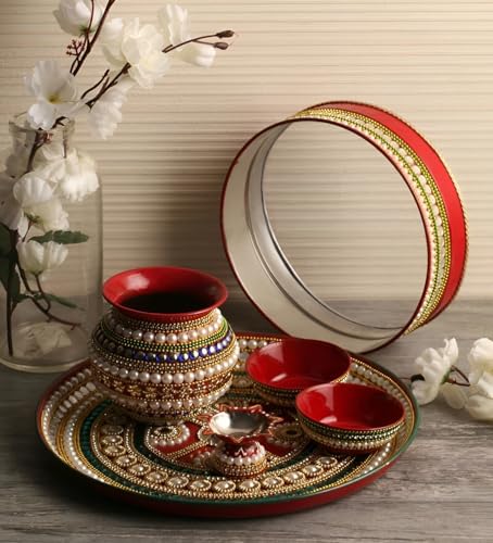 Image 1 of Default Title for the product RIA Studio Karva Chauth Pooja Thali Set - Kundan Decorated Stainless Steel 6-Pieces (12 Inch)