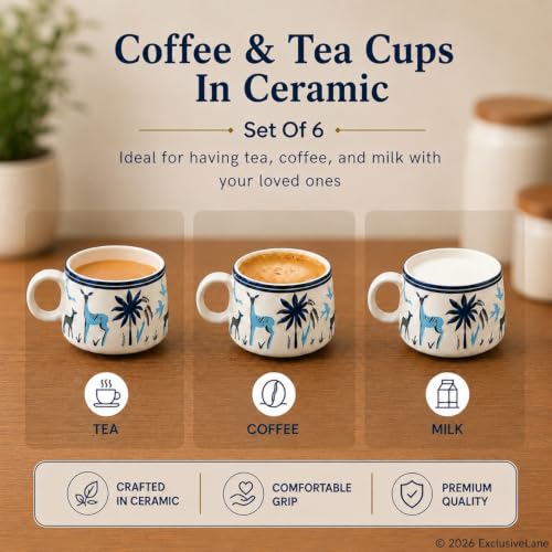 Image 4 of ExclusiveLane Deer & Floral Ceramic Tea Cups Set of 6, 150 ml