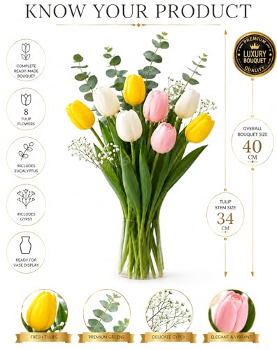 Image 2 of Divyakosh Artificial Flowers for Vase (Vase Not Included)- Luxury Tulip Flower Bouquet with Eucalyptus & Baby's Breath, Faux Floral Arrangement for Home Decor, Living Room, Wedding Decoration, Office