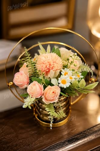 Image 3 of Divyakosh Artificial Flower Vase, Metal Golden Ring with Pre Fixed Flowers, Gift Item, Showpiece | Home Decoration Items for Living Room | Aesthetic Home Decor, Vase for Home Decor'