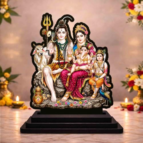 Image 1 of Default Title for the product Shiv Parivar Seated Wooden MDF Printed Idol with Stand, 4 x 5 Inch, Pooja Room Decor, Home Temple Mandir Decoration, Religious Gift