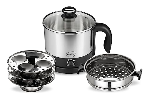 Image 1 of Default Title for the product Pigeon By Stovekraft 1.5 Liters Multipurpose Kessel 3 In 1 Value Pack, Multi Cooker, Idli Stand With 3 Plates, Steamer With Stainless Steel Stand (Black & Silver), 600 Watts