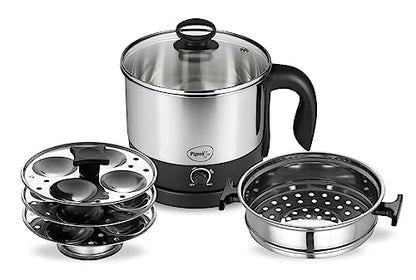 Image 1 of Default Title for the product Pigeon By Stovekraft 1.5 Liters Multipurpose Kessel 3 In 1 Value Pack, Multi Cooker, Idli Stand With 3 Plates, Steamer With Stainless Steel Stand (Black & Silver), 600 Watts
