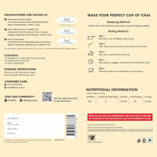 Image 2 of Teabox Premium Authentic Indian Spiced Chai Tea Trial Pack, 10 Exotic Varieties of Chai, 30G Each, 100% Real Ingredients. No Artificial Flavors | Crafted in Small Batches