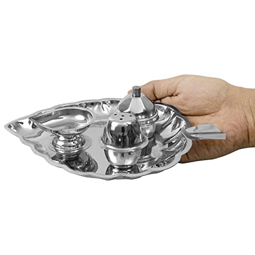 Image 6 of Spillbox Traditional Handcrafted Stainless Steel Thali kumkum Plate for Pooja/Worship-Bowl-Dhoop-Diya(Silver)