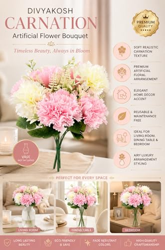 Image 5 of Divyakosh Artificial Flowers Bunch (Vase Not Included), Pink & White Carnation Bouquet - 7 Flower Heads, Artificial Flower for Vase, Flower Bouquet Gift for Living Room,Table Office, Centerpiece