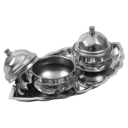 Image 6 of Spillbox Traditional Handcrafted Stainless Steel Thali kumkum Holder Stand Plate for Pooja/Puja Worship Oval 2 Bowl-Small Leaf- Silver