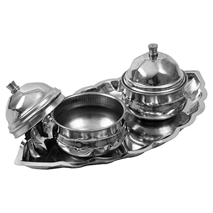 Image 6 of Spillbox Traditional Handcrafted Stainless Steel Thali kumkum Holder Stand Plate for Pooja/Puja Worship Oval 2 Bowl-Small Leaf- Silver