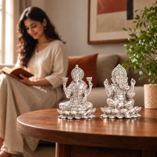 Image 5 of elaris 999 Pure Silver Plated Lakshmi Ganesha Idol on Lotus Showpiece – 5.1 Inch, Silver Plated