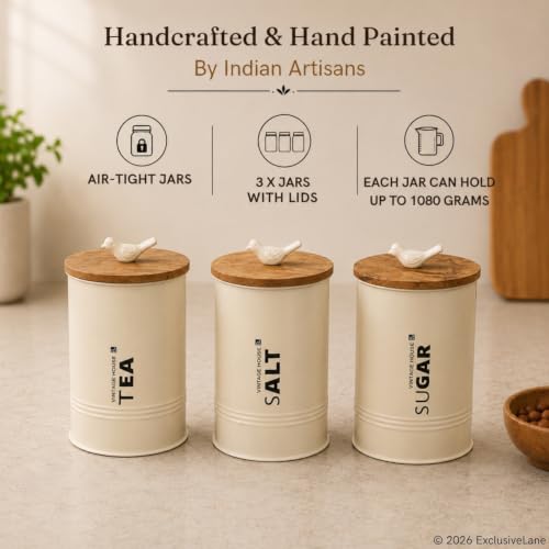Image 3 of ExclusiveLane White Doves Airtight Metal Jars for Kitchen Storage with Wooden Lid (Set of 3, 1080 ml)