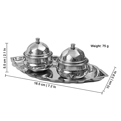 Image 5 of Spillbox Traditional Handcrafted Stainless Steel Thali kumkum Holder Stand Plate for Pooja/Puja Worship Oval 2 Bowl-Small Leaf- Silver