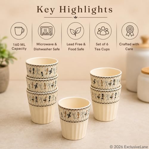 Image 4 of ExclusiveLane Whispers of Warli Handcrafted Ceramic Tea Glass Set of 6 160 ML