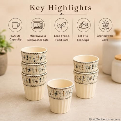 Image 4 of ExclusiveLane Whispers of Warli Handcrafted Ceramic Tea Glass Set of 6 160 ML