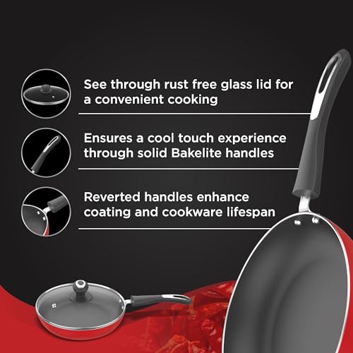Image 3 of Preethi Dura Collection Non Stick Fry Pan, 26 cm, with Glass Lid, Gas & Induction Compatible, 5 Star Non Stick Effect, Chilly Red