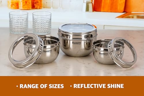 Image 3 of Sumeet Stainless Steel Apple Shape Storage Containers for kitchen with Transparent See Through Lid, 11cm, 13cm & 14.5cm Dia, 600ml, 900ml & 1250ml, Pack of 3, Silver