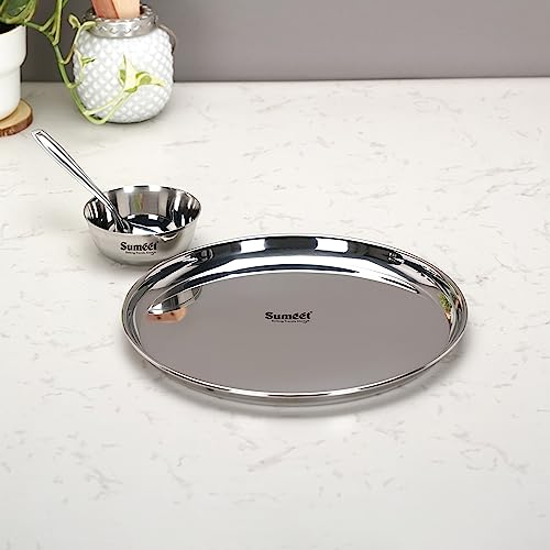 Image 5 of Sumeet Stainless Steel Heavy Gauge Mirror Finish Dinner Solid Set of 3 Pcs (1 Plate, 1 Bowl/Wati, 1 Spoon), Silver