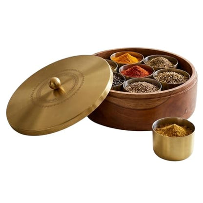 Image 3 of Gold Lazer for the product nestroots Wooden Masala Box with Stainless Steel Jars