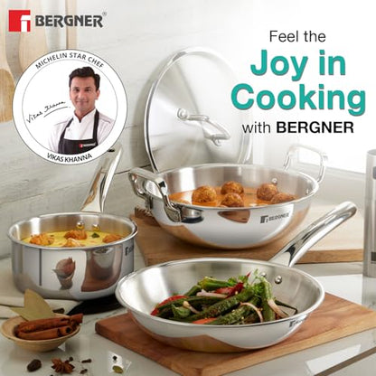 Image 3 of BERGNER TriPro 4 Pcs Tri-Ply Stainless Steel Induction Bottom Cookware Set - 22cm (2L) Kadai and 22cm (1L) Frypan with Common Stainless Steel Lid, 14cm (1L) Teapan