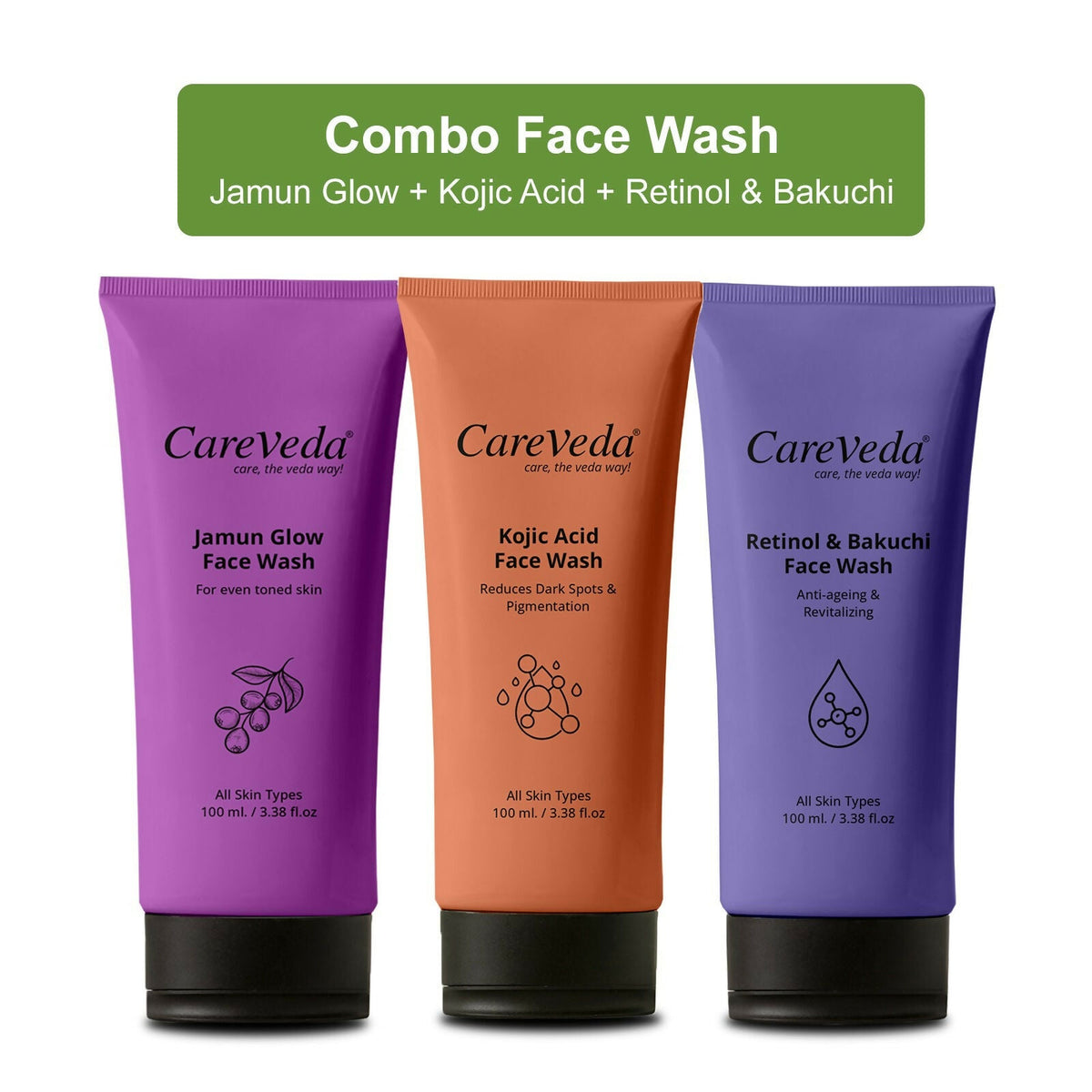 Image 2 of CareVeda Skin Radiance Combo – Jamun Glow, Kojic Acid, Retinol & Bakuchi Face Wash (Set of 3)