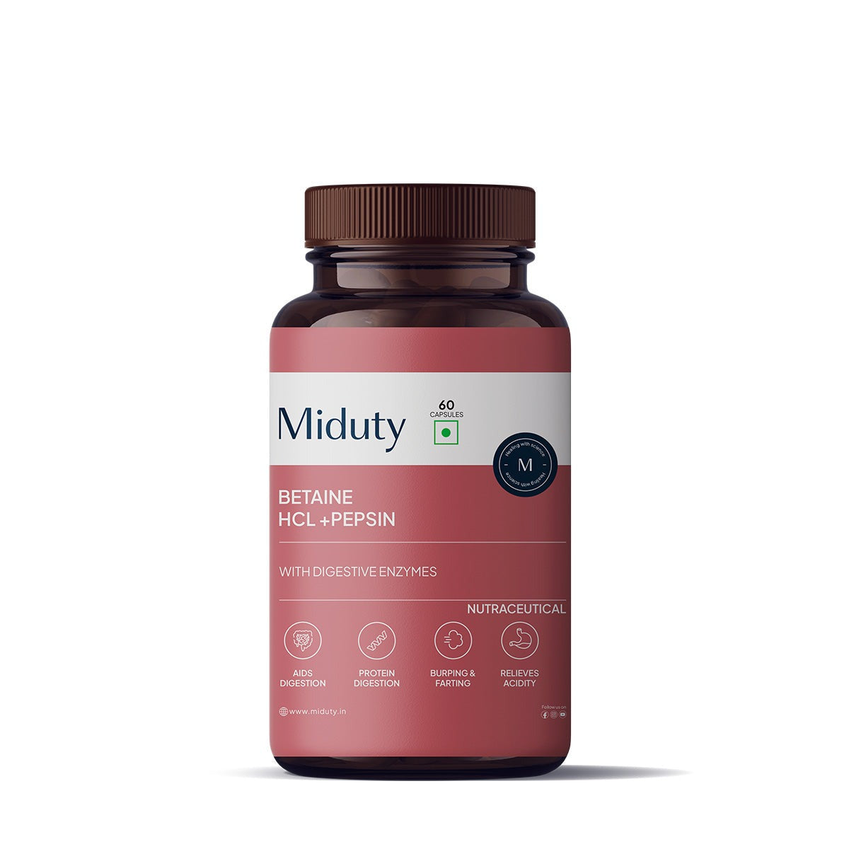 Image 1 of 60 caps for the product Miduty by Palak Notes Betaine HCL + Pepsin Capsules