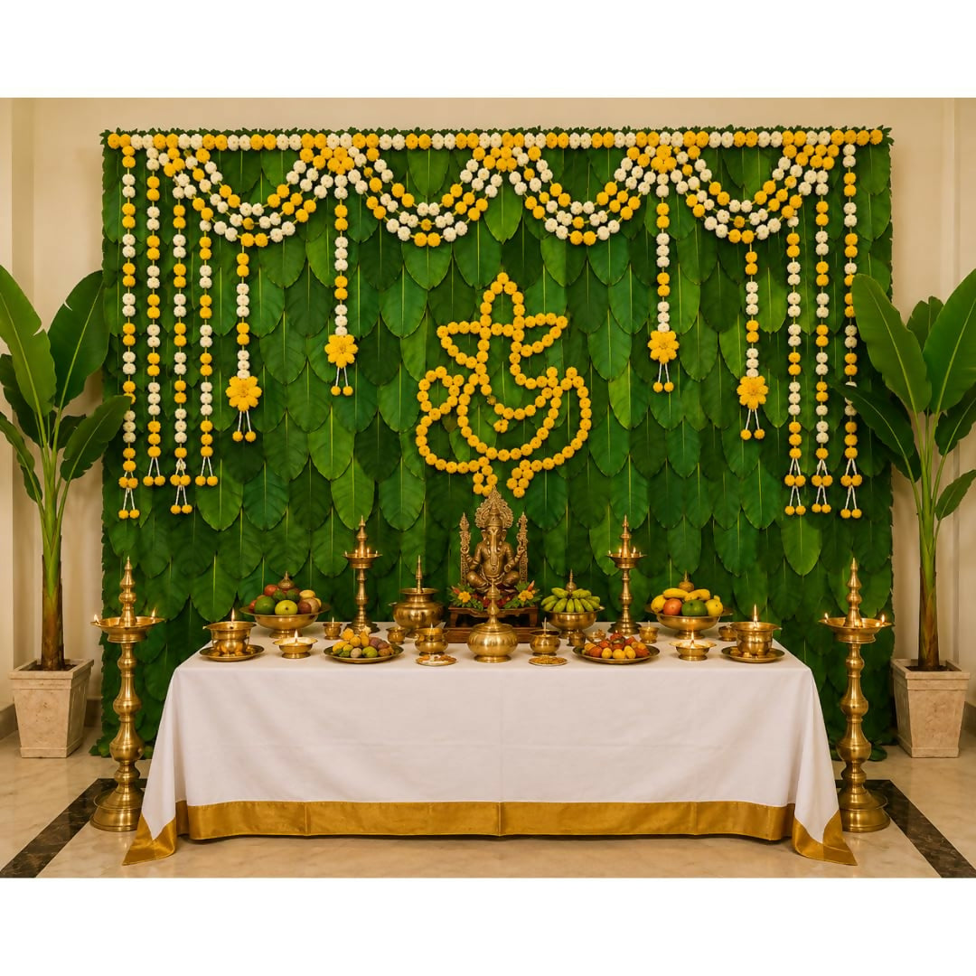 Image 2 of Sri Yagnaa M 33 – Ganesh Banana Leaf Backdrop Cloth with Flowers 8 x 5 Ft