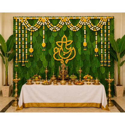 Image 2 of Sri Yagnaa M 33 – Ganesh Banana Leaf Backdrop Cloth with Flowers 8 x 5 Ft