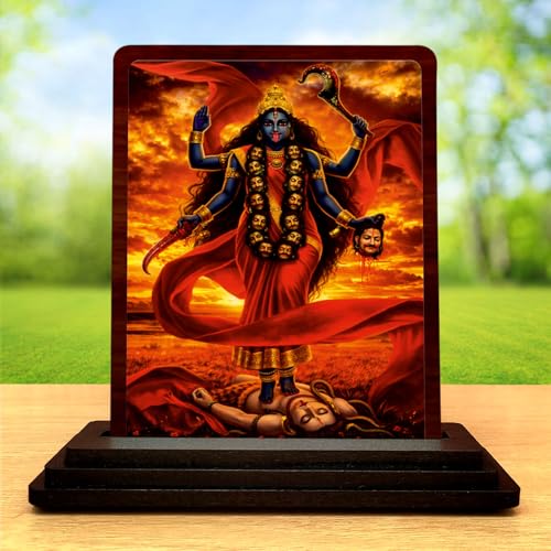 Image 2 of Kali MATA Sacred Portrait Wooden Idol 4x5 Inch HD Printed Table Decor for Home Temple