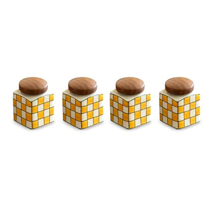 Image 4 of ExclusiveLane Shatranj Checkered Multi Utility Ceramic Jars for Kitchen Storage with Iron Holder Set of 4 240 ml